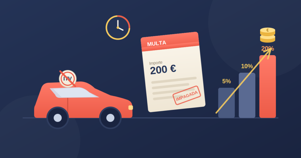 Coche con la pegatina de la ITV caducada junto a una multa impagada y recargos crecientes del 5, 10 y 20 %
