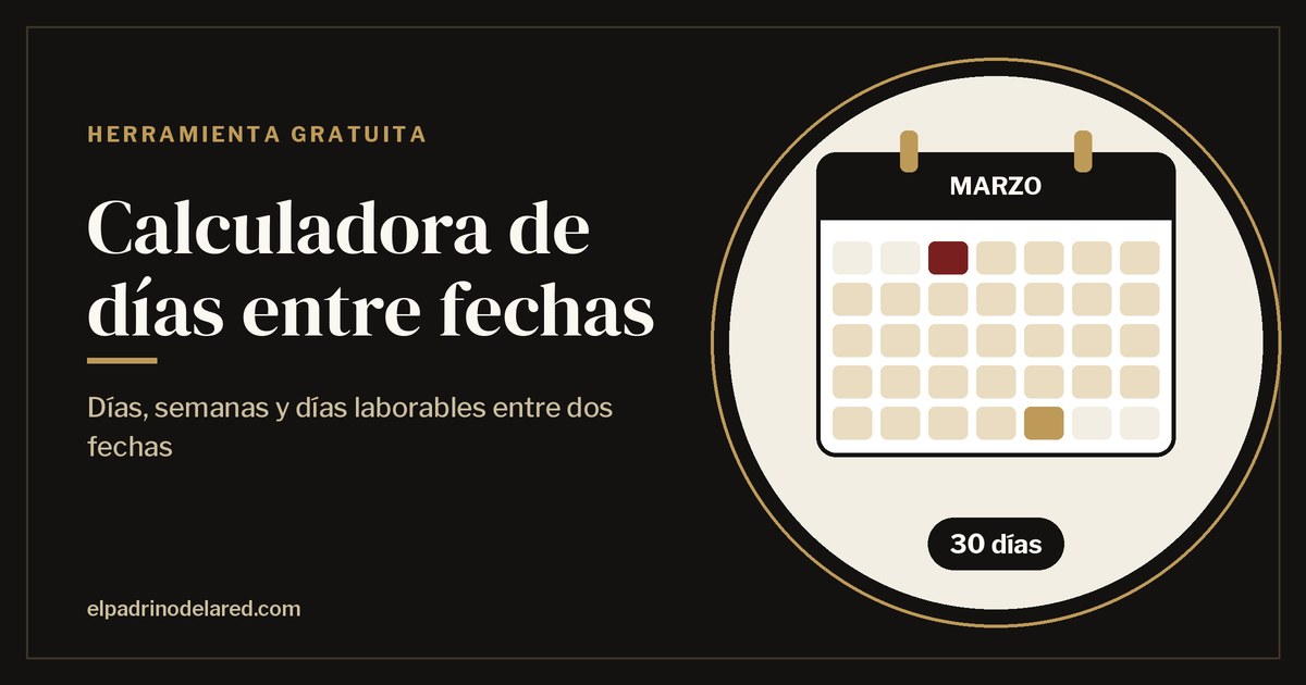 Calculadora de días entre fechas con un calendario que marca el día de inicio, el de fin y el resultado de 30 días