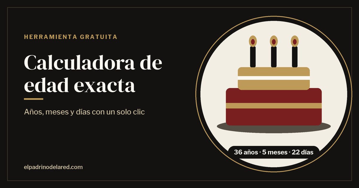 Calculadora de edad exacta con una tarta de cumpleaños y el resultado 36 años, 5 meses y 22 días