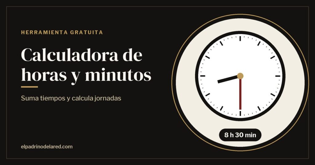 Calculadora de horas y minutos con un reloj analógico que marca las 8:30 y el resultado 8 h 30 min