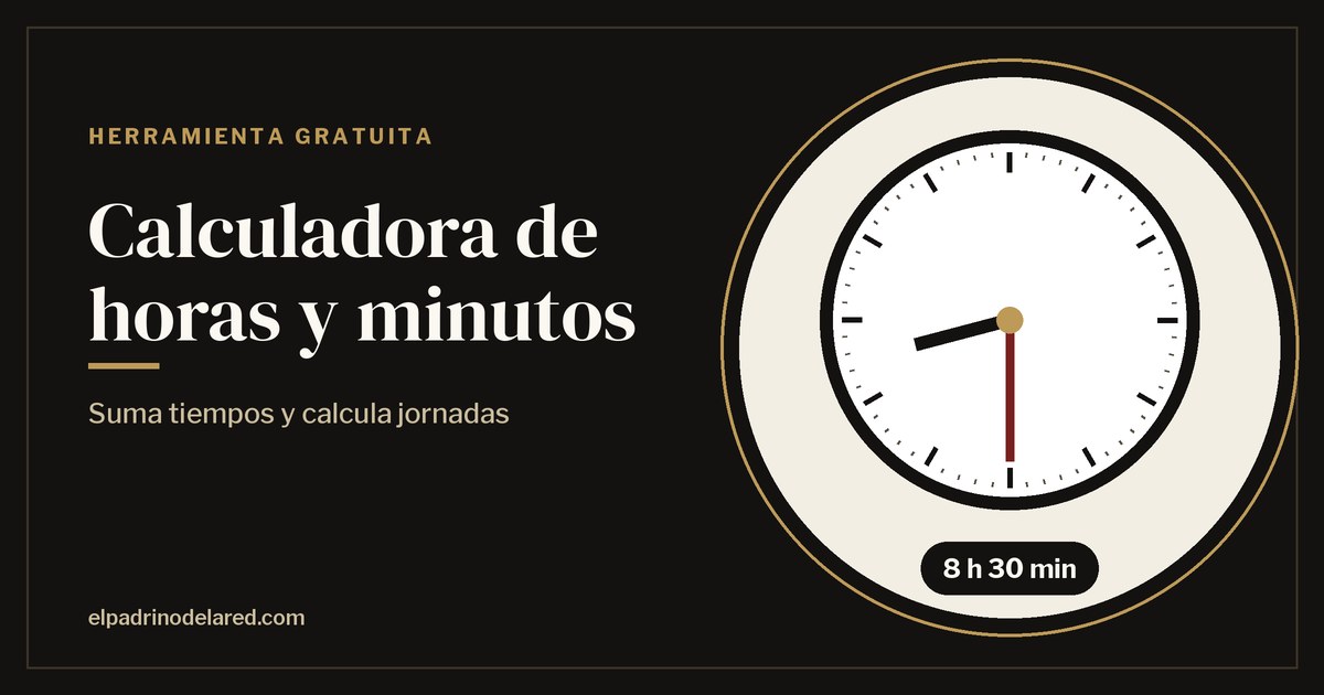 Calculadora de horas y minutos con un reloj analógico que marca las 8:30 y el resultado 8 h 30 min
