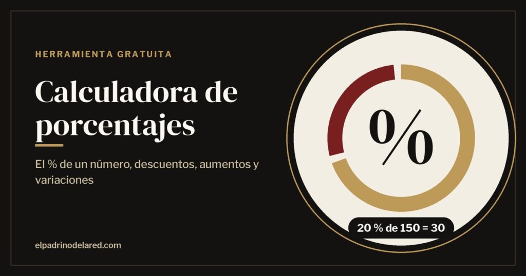 Calculadora de porcentajes de El Padrino de la Red con un símbolo de porcentaje y el ejemplo 20 % de 150 = 30