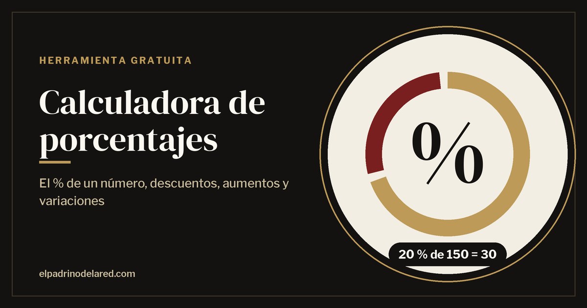 Calculadora de porcentajes de El Padrino de la Red con un símbolo de porcentaje y el ejemplo 20 % de 150 = 30