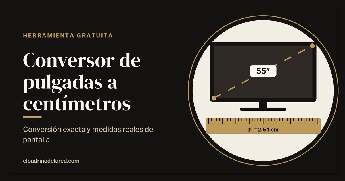 Conversor de pulgadas a centímetros con una televisión de 55 pulgadas con la diagonal marcada y una regla con la equivalencia 1 pulgada = 2,54 cm