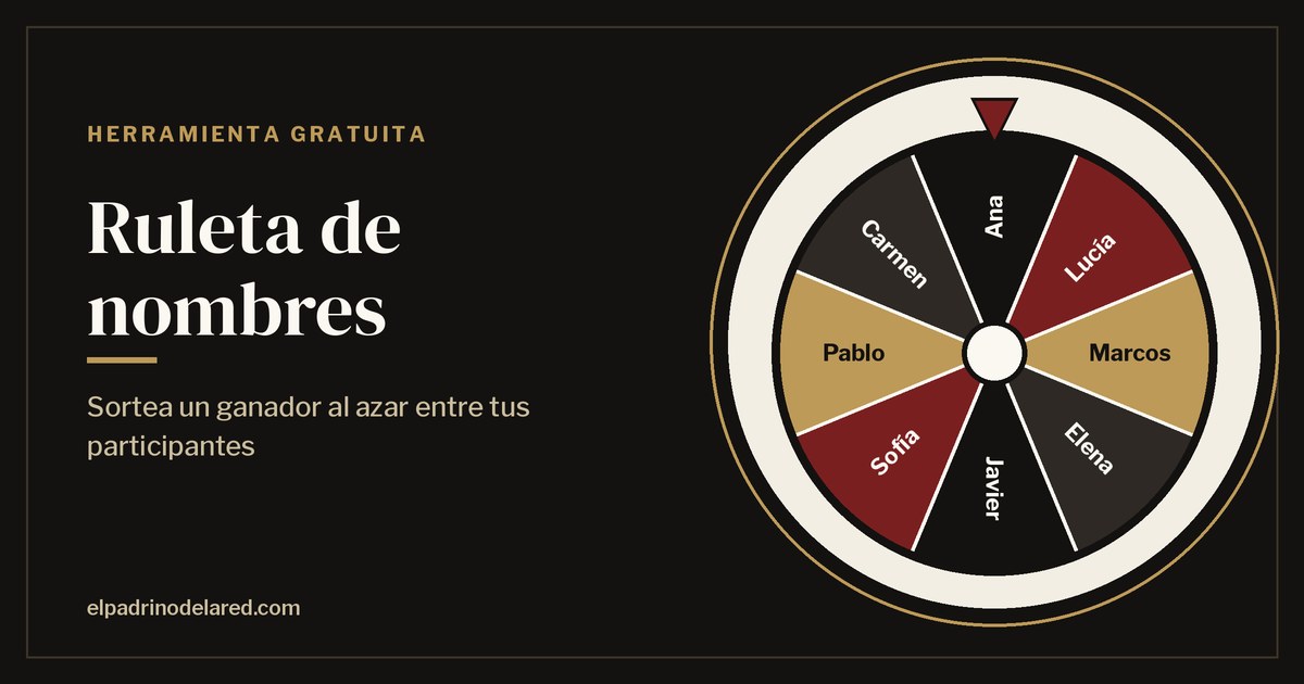 Ruleta de nombres con ocho participantes y la flecha marcando al ganador